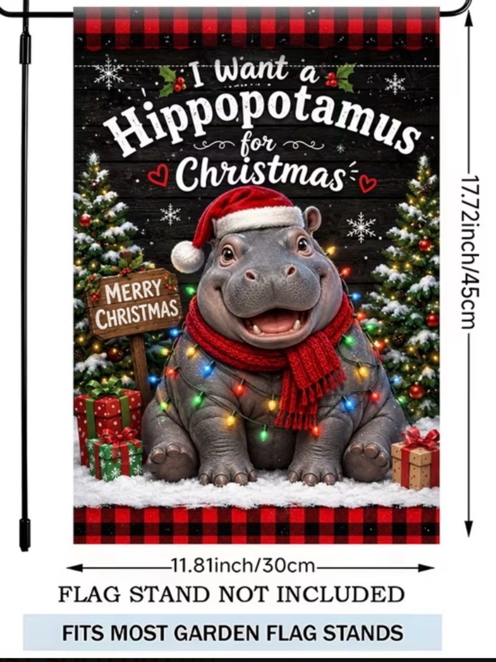 Christmas Hippopotamus Garden Flag Buffalo Plaid Holiday Hippo Decor